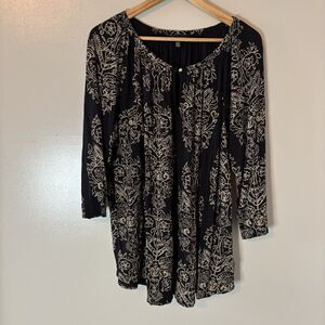 Lucky Brand Womens Tunic Top Black Beige Paisley Peasant Blouse Boho Sz 2X